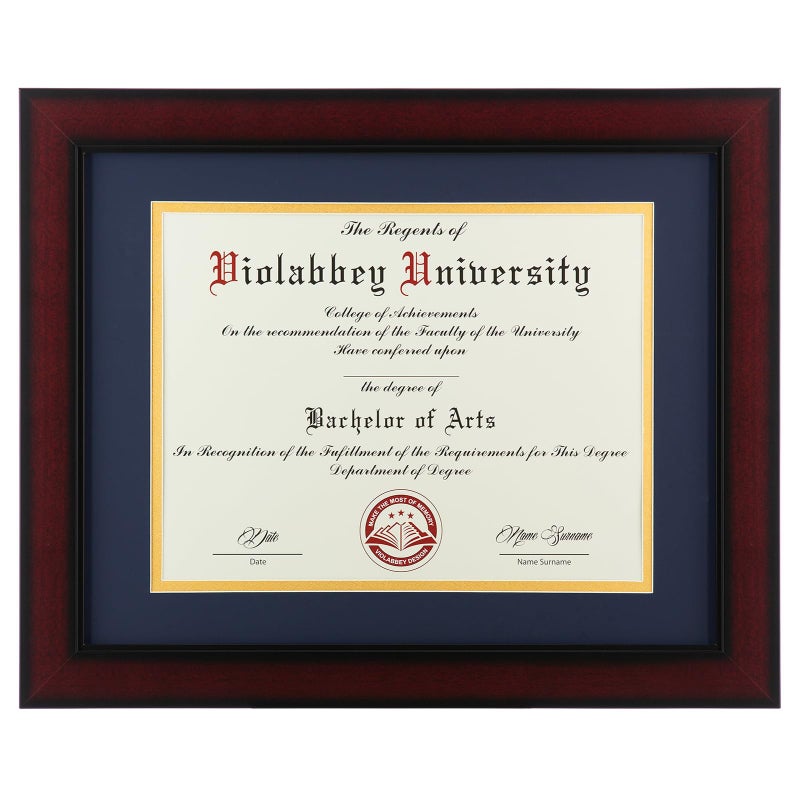 VIOLABBEY 11x14 Diploma Frame with Double Mat for 8.5x11 Documents&Certificates, Smooth Cherry Wood Grain Finish, Wall Mounting&Tabletop Display, Tempered Glass, Blue Mat with Gold Rim - Image 1